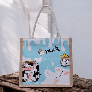Women's Cartoon Cow and Milk Carton Tote Canvas Bag Medium Blue